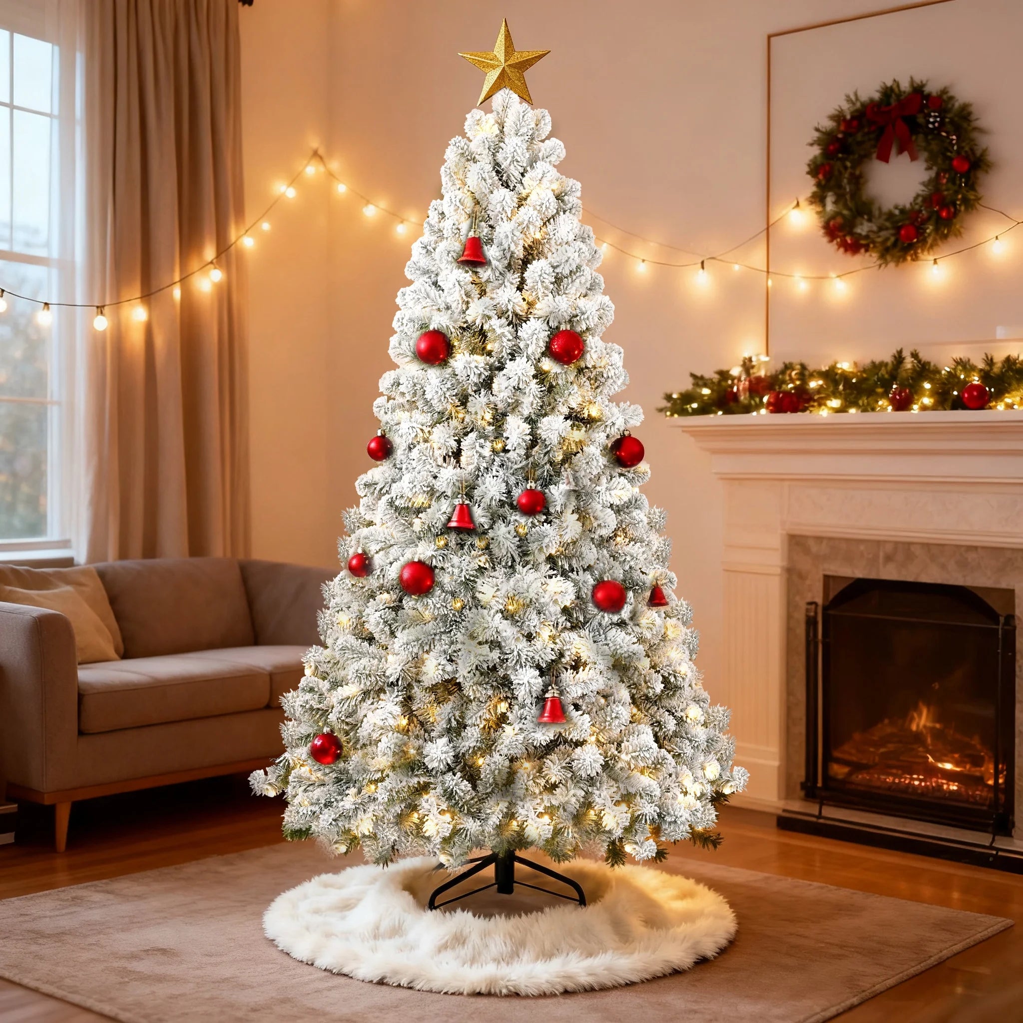 7FT Pre-Lit Flocked Christmas Tree, Hinged Artificial Xmas Trees/Premium PVC Branches, 400 Lights