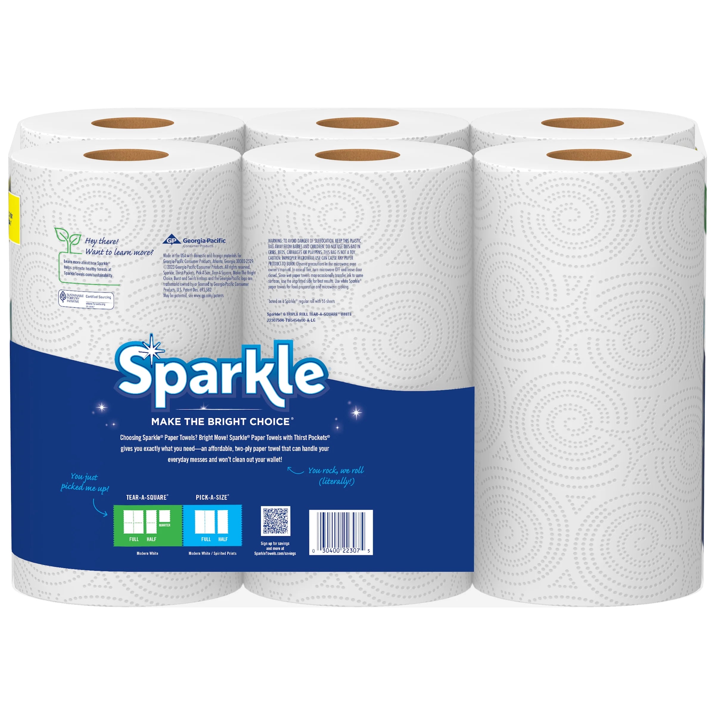 Sparkle Tear-A-Square Paper Towels, 6 Triple Rolls