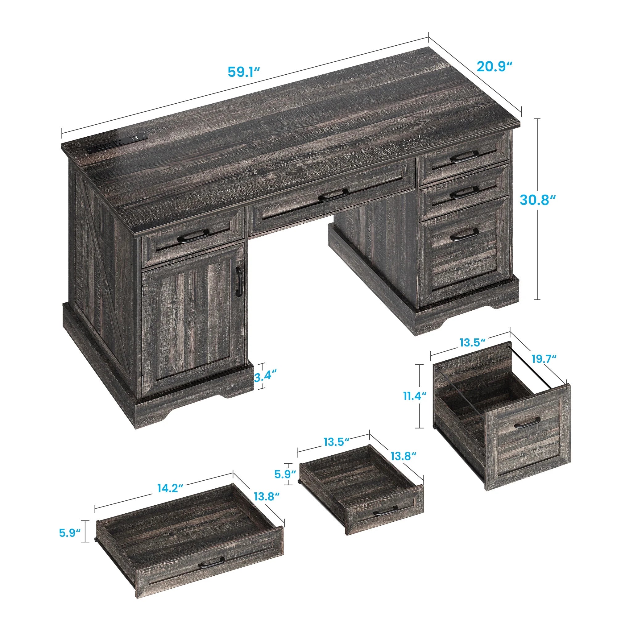 Casacomoda Home Office Desk with File Cabinet and Drawers, 59" Executive Desk with USB Power Outlet, Storage Cabinet for CPU, Workstation Table for Study, Dark Oak