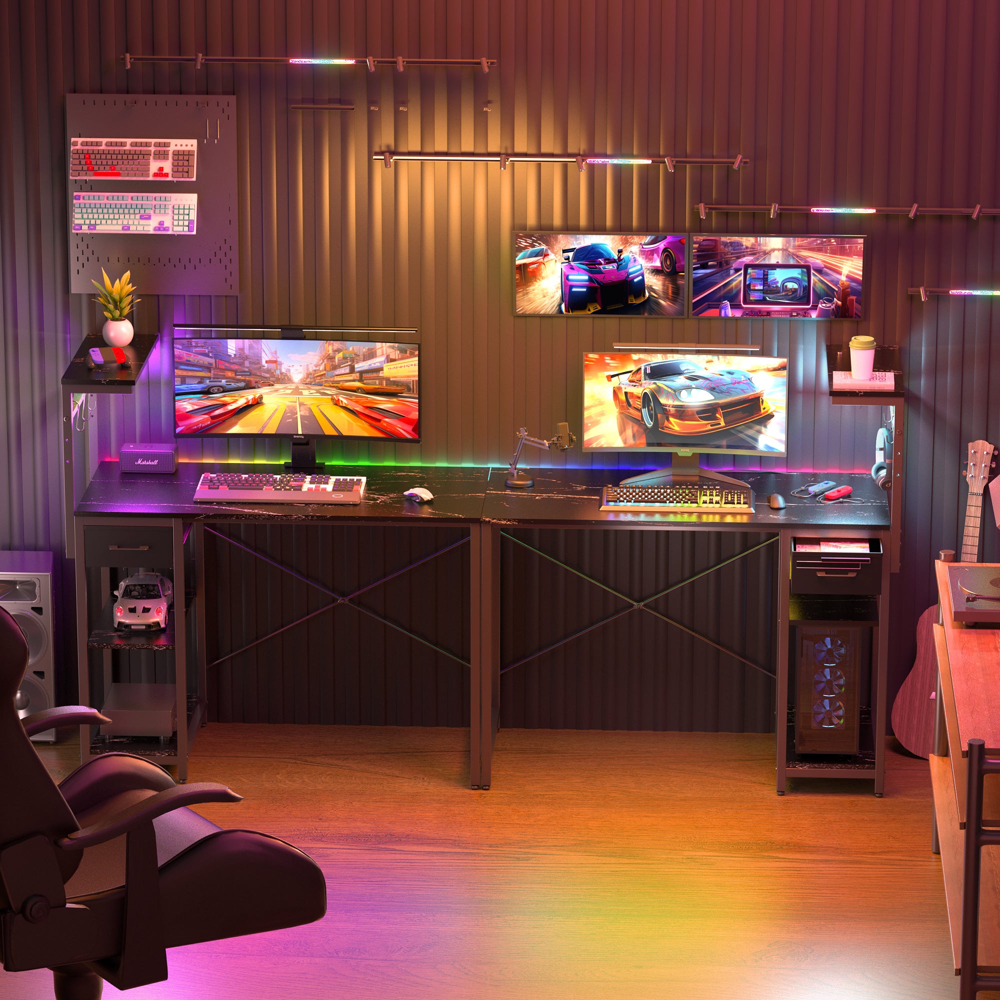 Eunon 44" Gaming Desk with LED Lights, Reversible 4 Tier Storage Shelves & Drawer Computer Desk,Black Marble