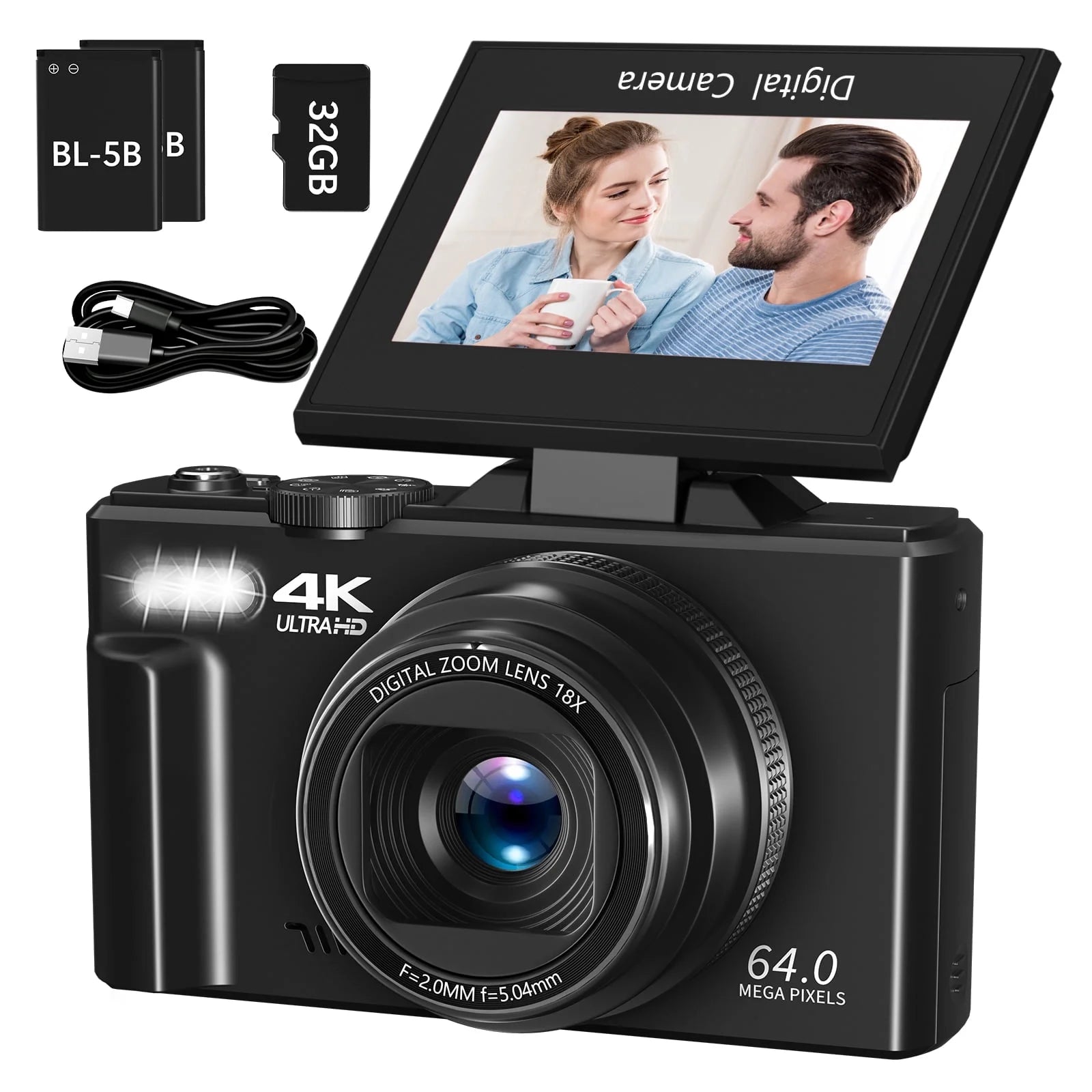 4K 64MP Digital Vlogging Camera with 3'' 180° Flip Screen, 18X Zoom, Autofocus, and 32GB SD Card - Ideal for Beginners on YouTube