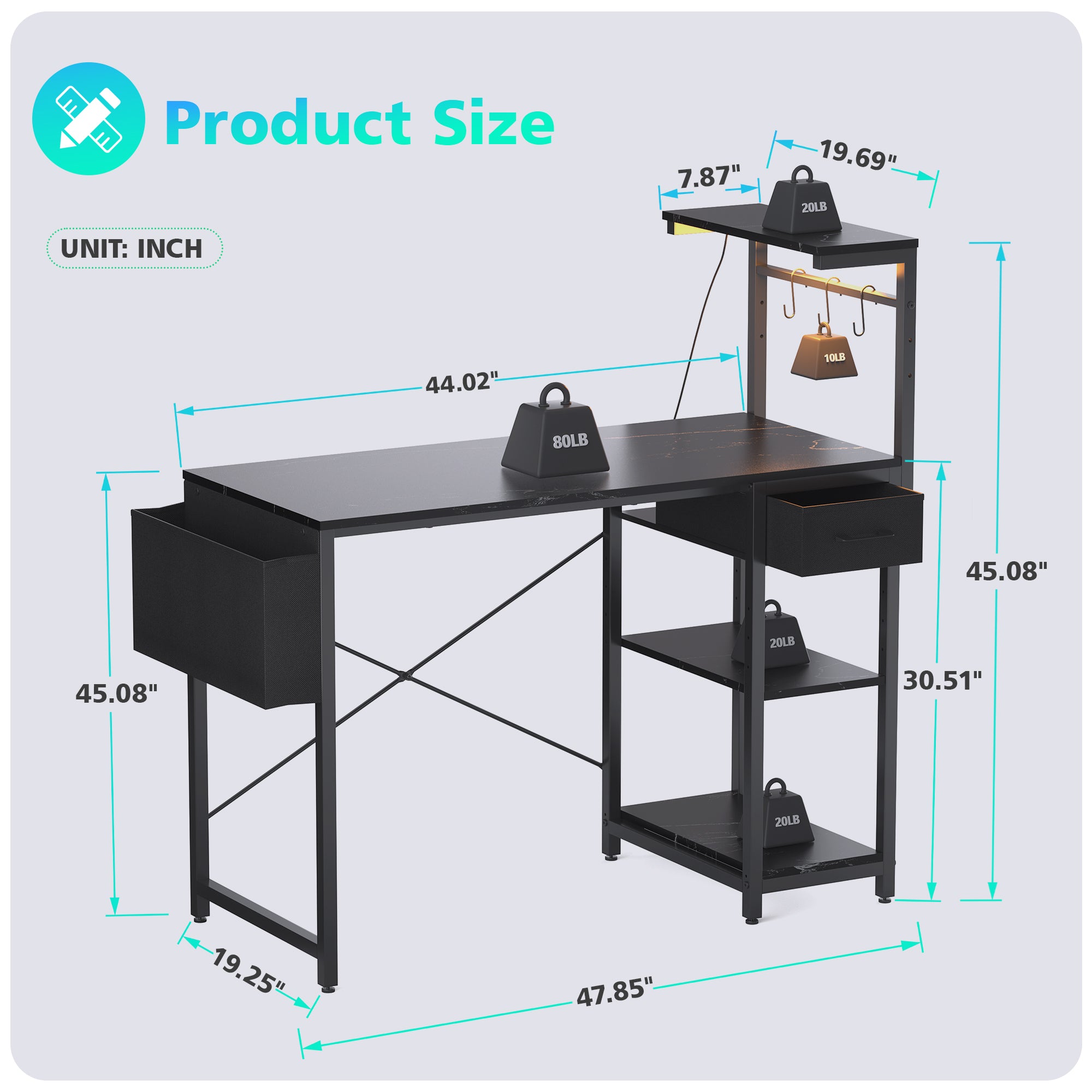 Eunon 44" Gaming Desk with LED Lights, Reversible 4 Tier Storage Shelves & Drawer Computer Desk,Black Marble