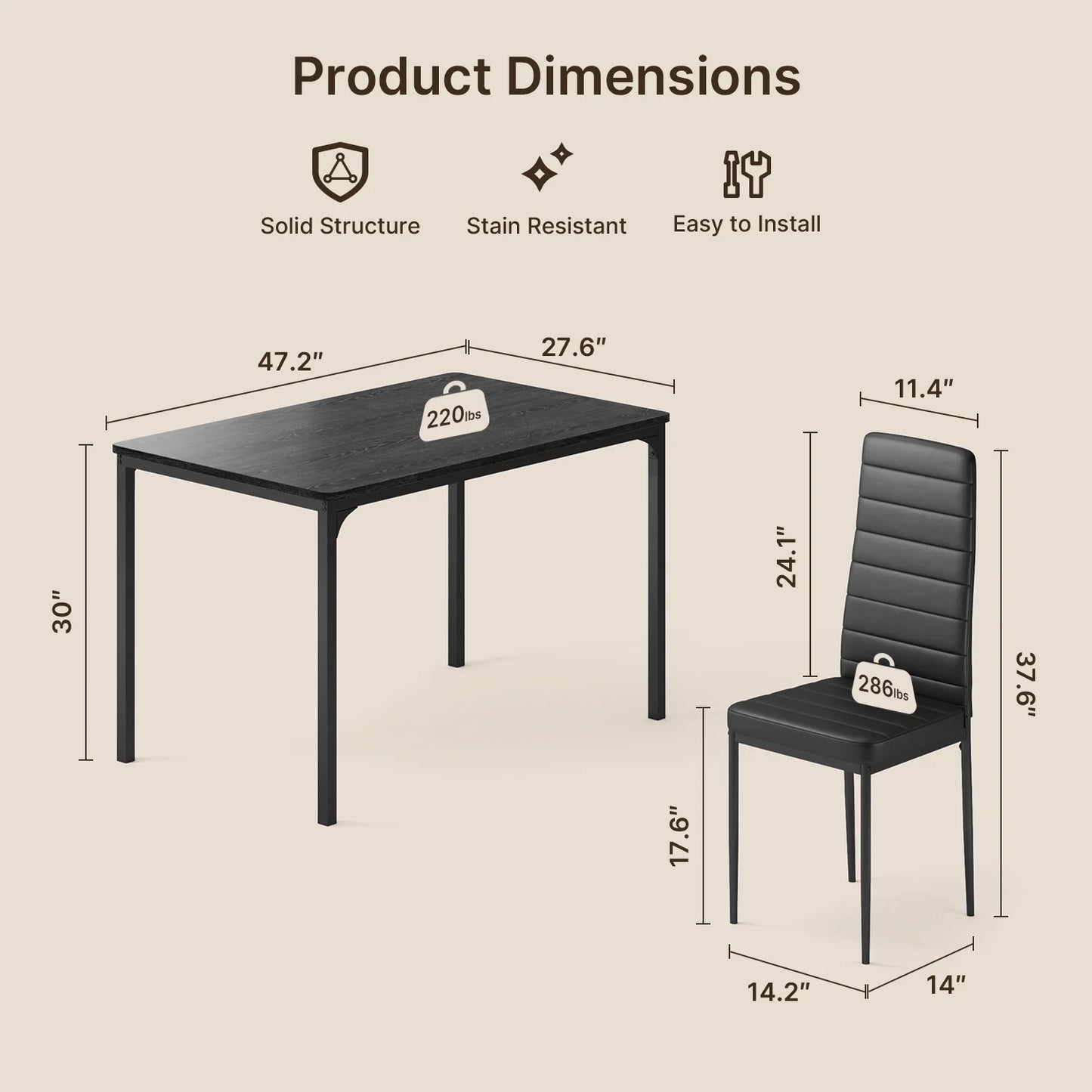 47-Inch Wooden Dining Table and Chair Set for 4 with PU Leather High Back Support, Ideal for Small Spaces, Black