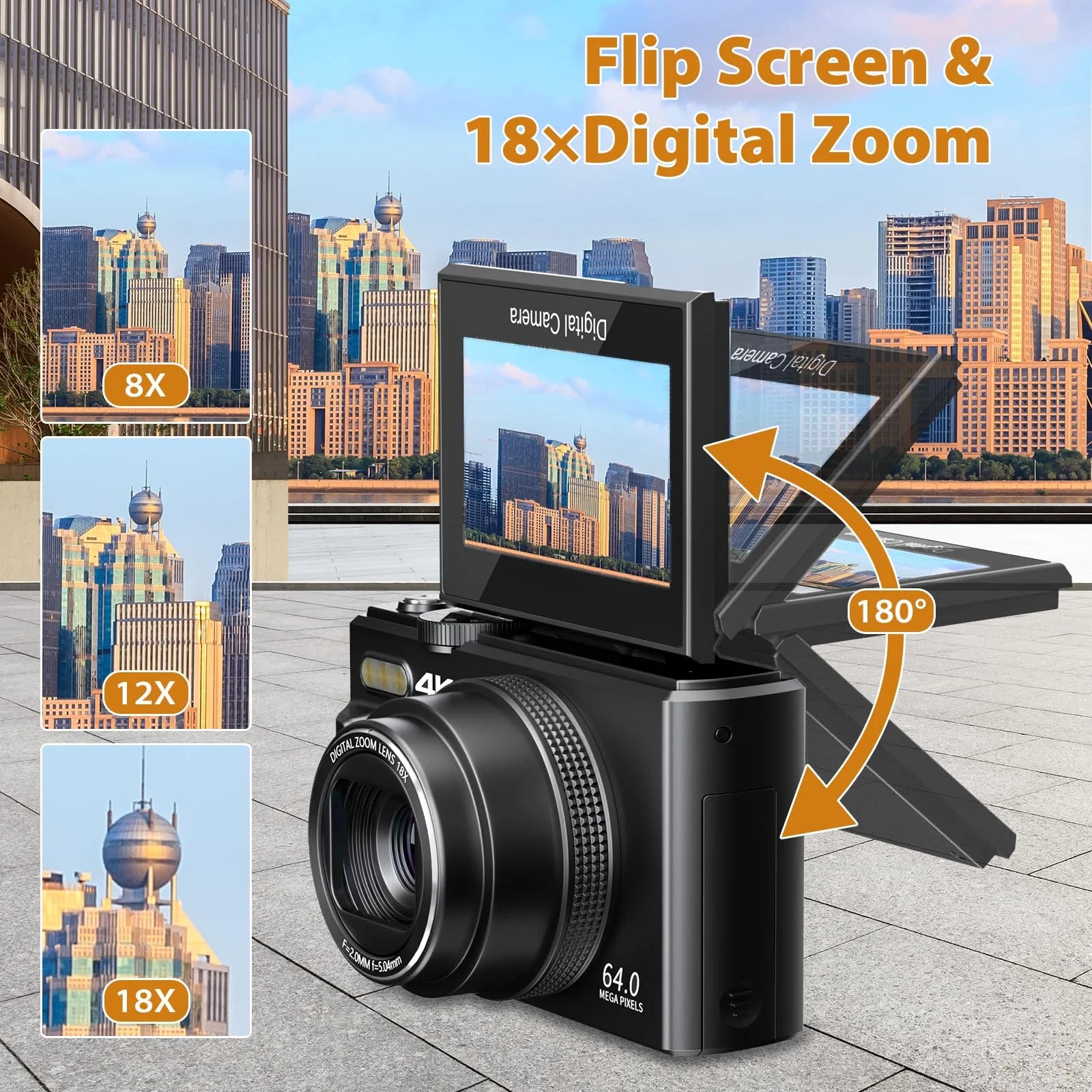 4K 64MP Digital Vlogging Camera with 3'' 180° Flip Screen, 18X Zoom, Autofocus, and 32GB SD Card - Ideal for Beginners on YouTube