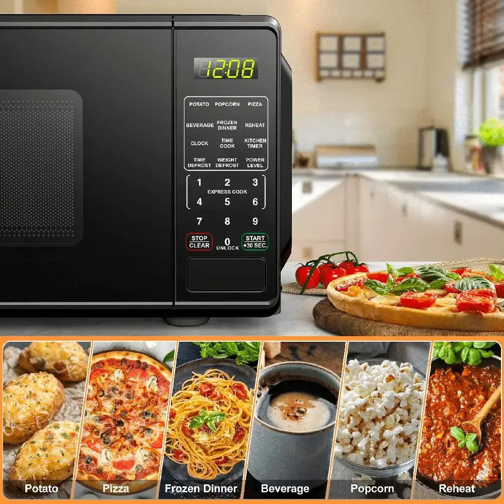 Compact 0.7 Cu Ft 700W Black Countertop Microwave Oven LED Display Timer Clock Defrost Child-Safe Lockout Push-Button Door 10