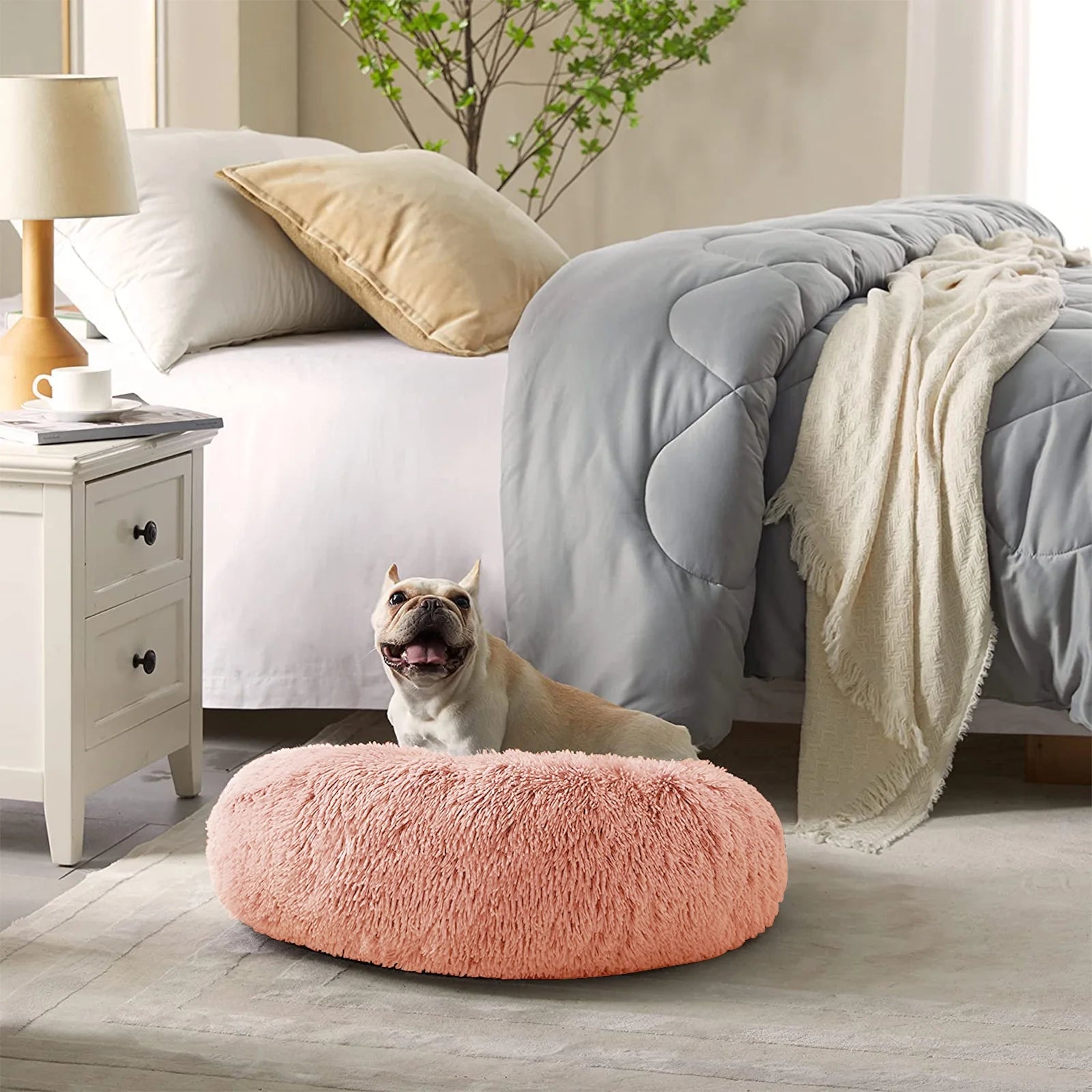 Nisrada 27In Calming Donut Dog Bed Anti-Anxiety, Self Warming, Cozy Soft Plush round Pet Bed Indoor, Ideal for Both Home & Travel, Size 27”X27”X8” Pink