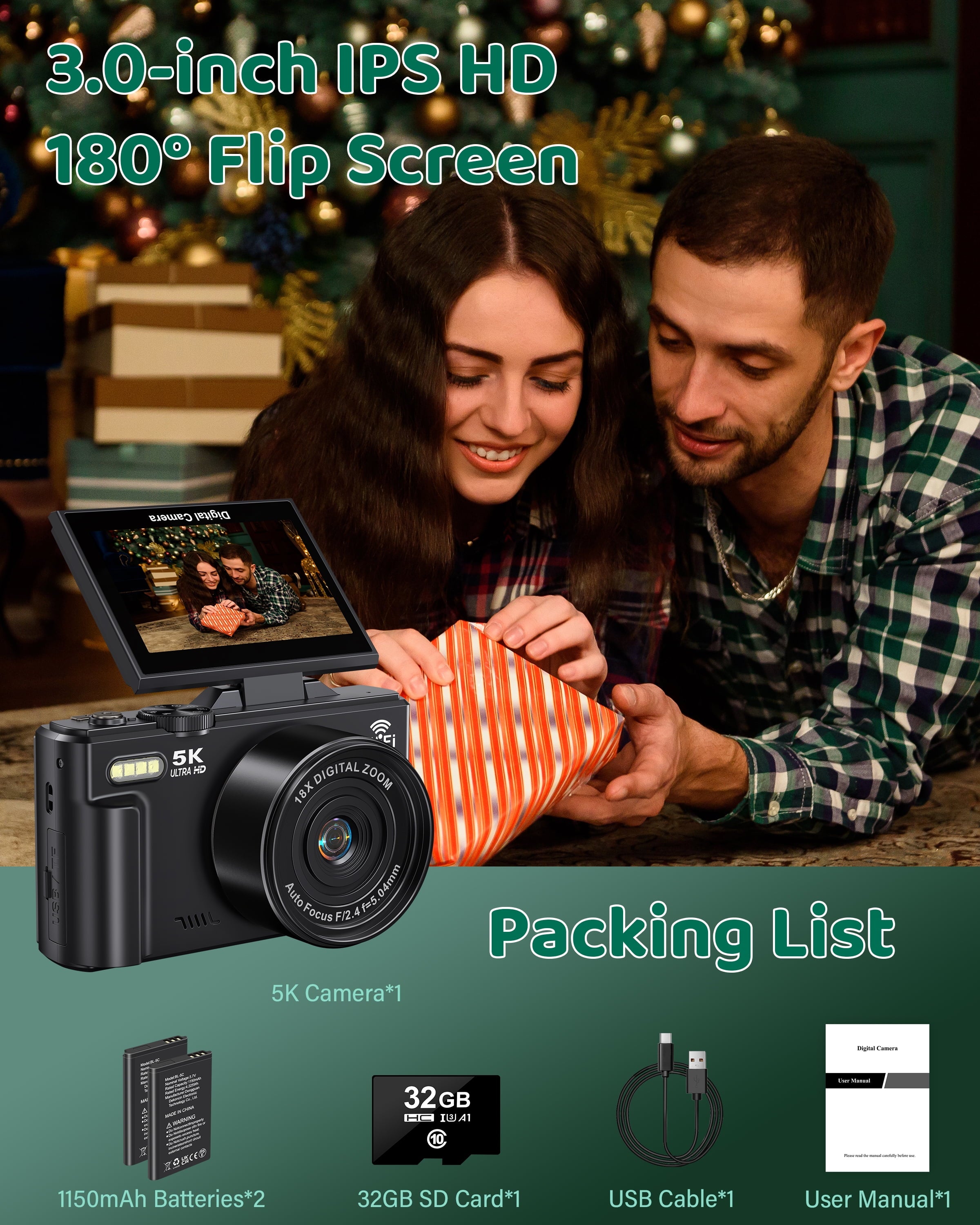 5K Digital Camera with 75MP Resolution, WiFi Connectivity, 18X Zoom, Autofocus, Flip Screen, and 32GB Memory Card for Vlogging and Photography