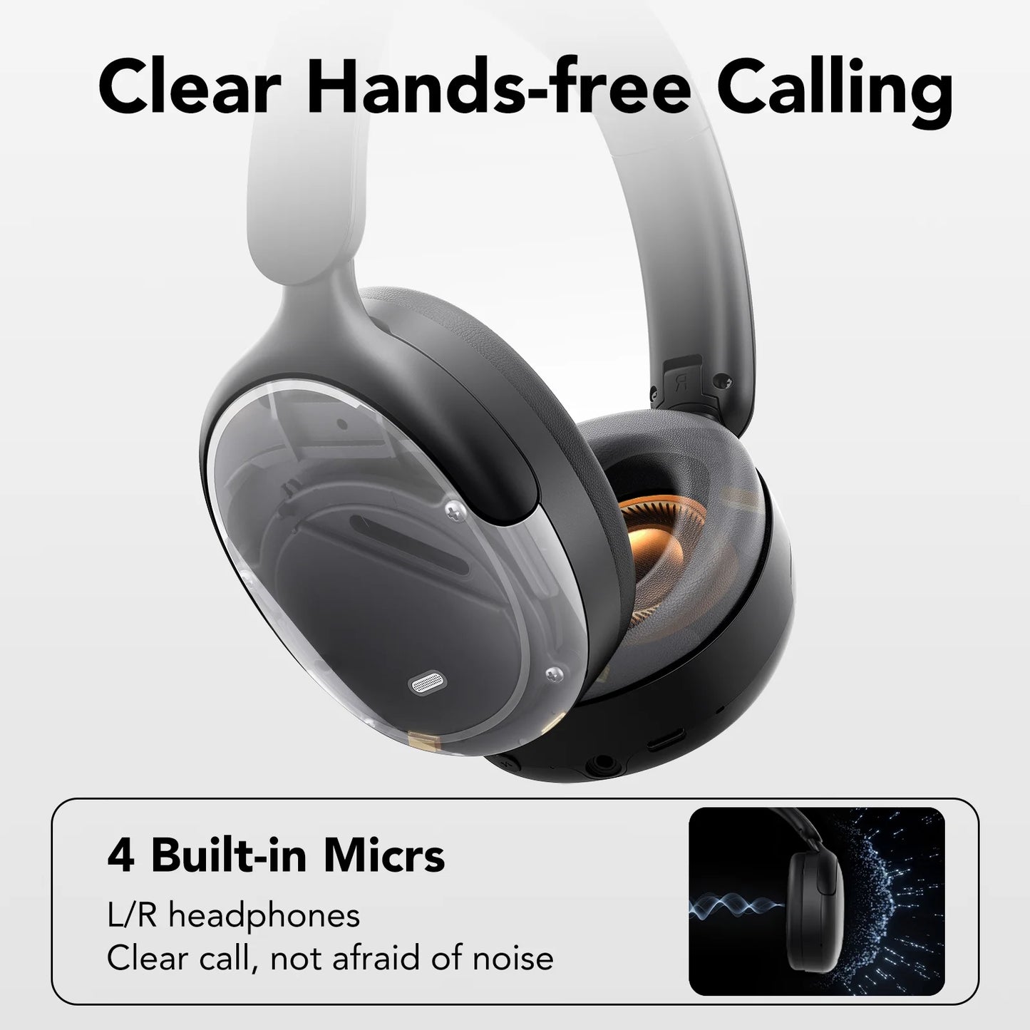 Hybrid Active Noise Cancelling Bluetooth Headphones with 50 Hours Playtime, Enhanced Call Clarity with 4 Microphones, Bass Boosted Sound, Comfortable Over-Ear Design for Travel and Home Office - Black