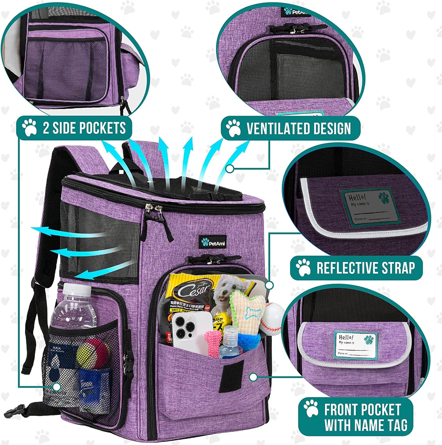 Petami Airline-Approved Dog and Cat Backpack Carrier, Soft-Sided and Ventilated for Travel, Hiking, and Camping, Supports Pets Up to 18 lbs, Purple