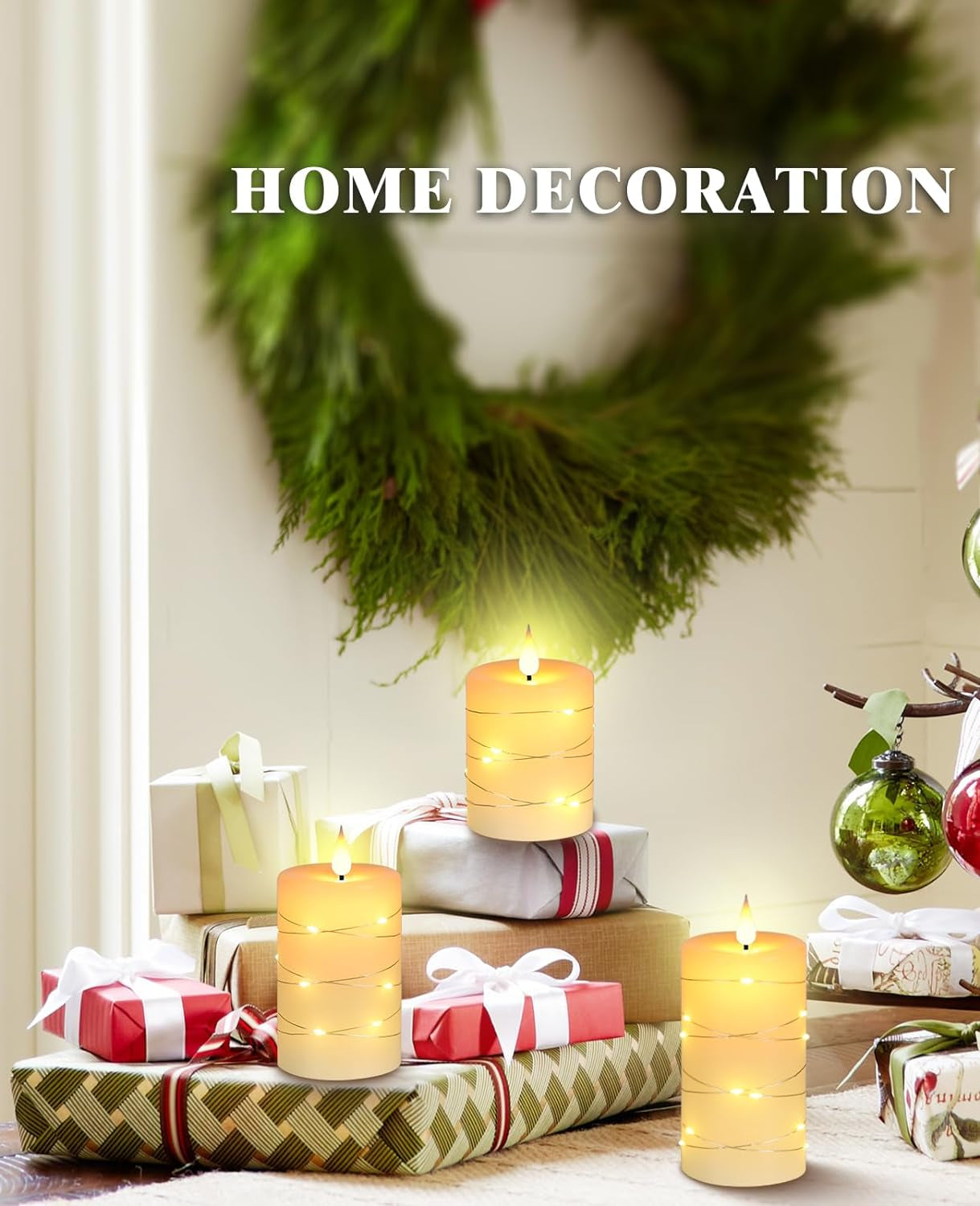 Flameless LED Candles with String Lights, Battery Operated, Flickering Effect, Remote Control and Timer, Real Wax, Set of 3 - Ivory