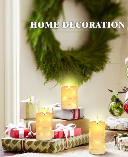 Flameless LED Candles with String Lights, Battery Operated, Flickering Effect, Remote Control and Timer, Real Wax, Set of 3 - Ivory