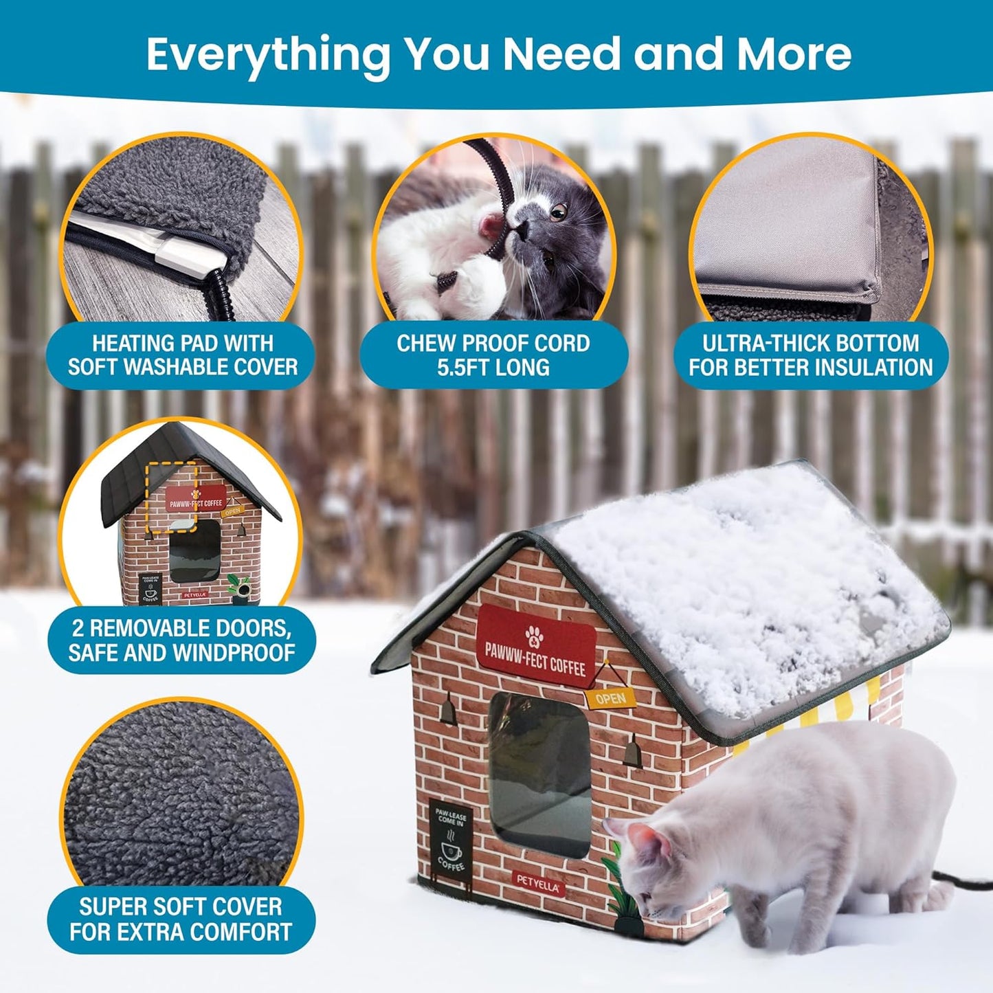 Deluxe Insulated Heated Cat House for Winter - Weatherproof Design, Easy Assembly, Dual Escape Doors, Suitable for Indoor and Outdoor Use - Coffee Pethouse