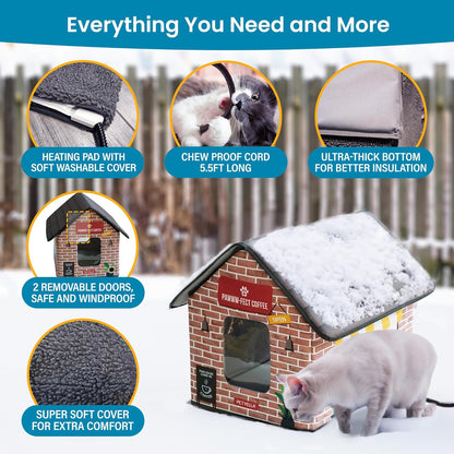 Deluxe Insulated Heated Cat House for Winter - Weatherproof Design, Easy Assembly, Dual Escape Doors, Suitable for Indoor and Outdoor Use - Coffee Pethouse
