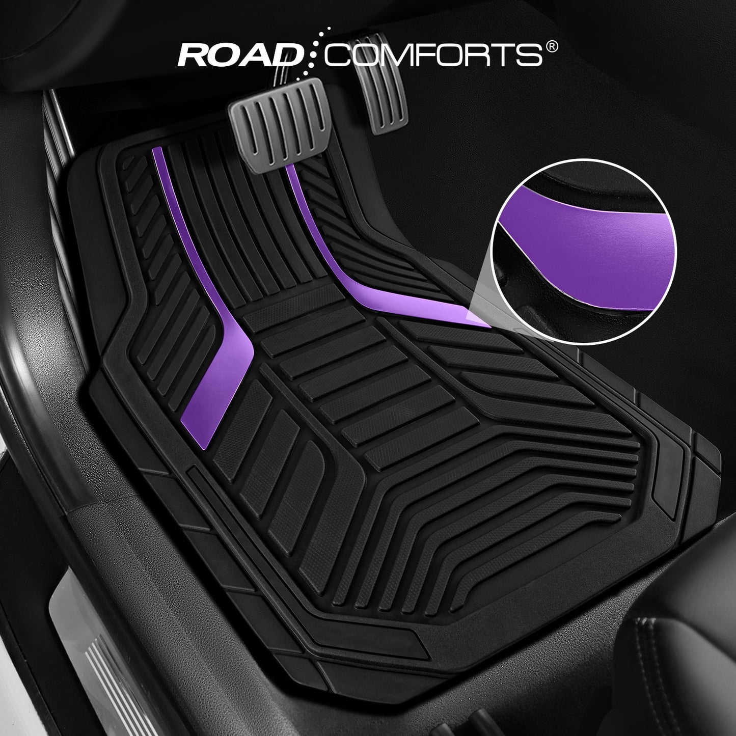 Road Comforts Heavy-Duty Rubber Floor Mats with Purple Aluminum Film - Complete Set for Front and Rear Vehicles