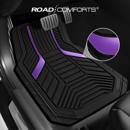 Road Comforts Heavy-Duty Rubber Floor Mats with Purple Aluminum Film - Complete Set for Front and Rear Vehicles