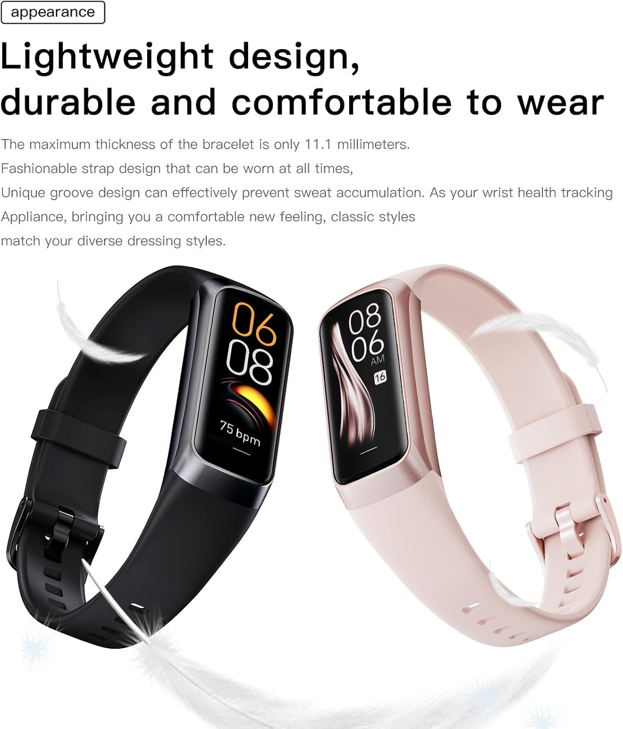 Health and Fitness Tracker for Men and Women - AMOLED Display, Slim Design, 25 Sports Modes, Heart Rate and Blood Pressure Monitoring, Alarm, Stopwatch, Timer, Calories Burned, IP68 Waterproof