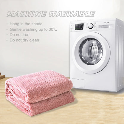 Large Jacquard Weave Flannel Fleece Throw Blanket with Leaves Pattern (50" x 70", Pink)