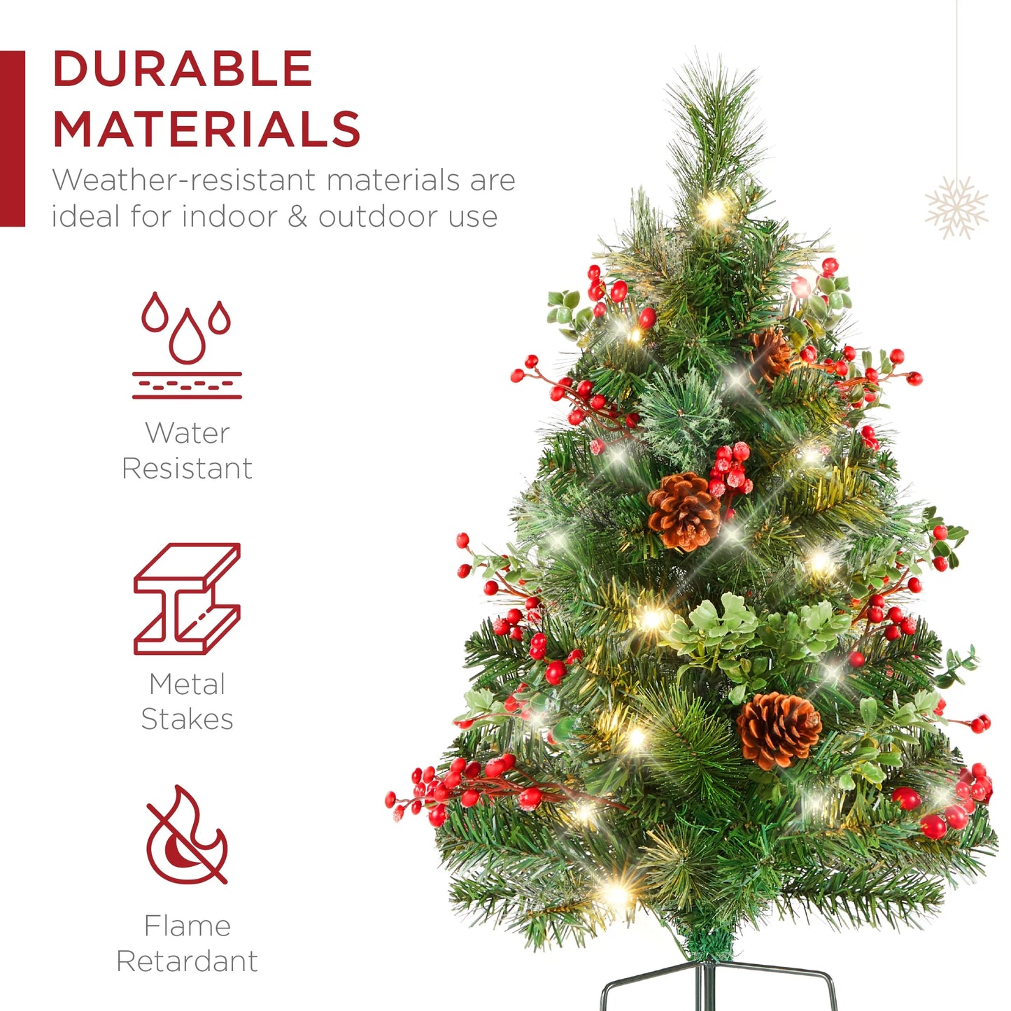 Set of 2 24.5-Inch Outdoor Pathway Christmas Trees with LED Lights, Berries, Pine Cones, and Ornaments