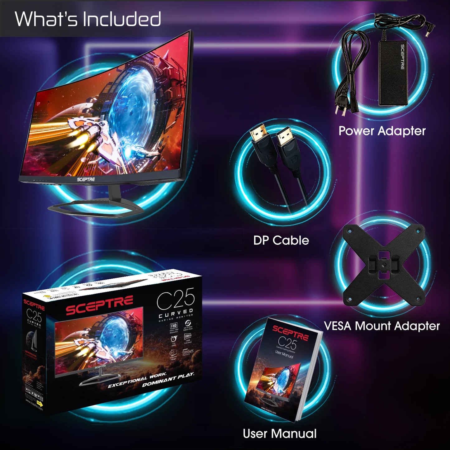 C255B-FWT240 24.5-Inch Curved Gaming Monitor - 240Hz, 1080P, 1ms Response Time, Dual DisplayPort and HDMI, Built-In Speakers, Machine Black, 2023