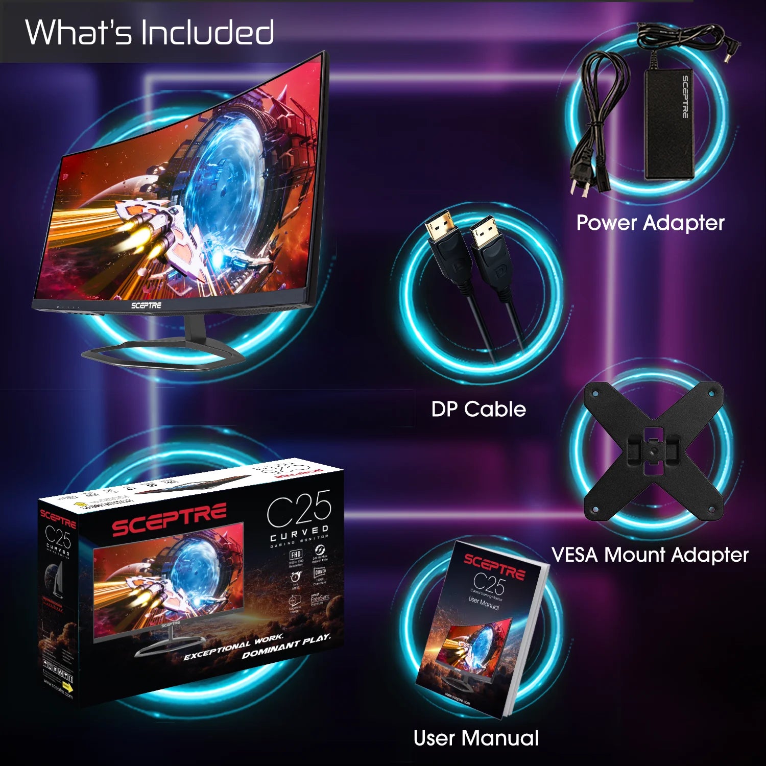 C255B-FWT240 24.5-Inch Curved Gaming Monitor - 240Hz, 1080P, 1ms Response Time, Dual DisplayPort and HDMI, Built-In Speakers, Machine Black, 2023