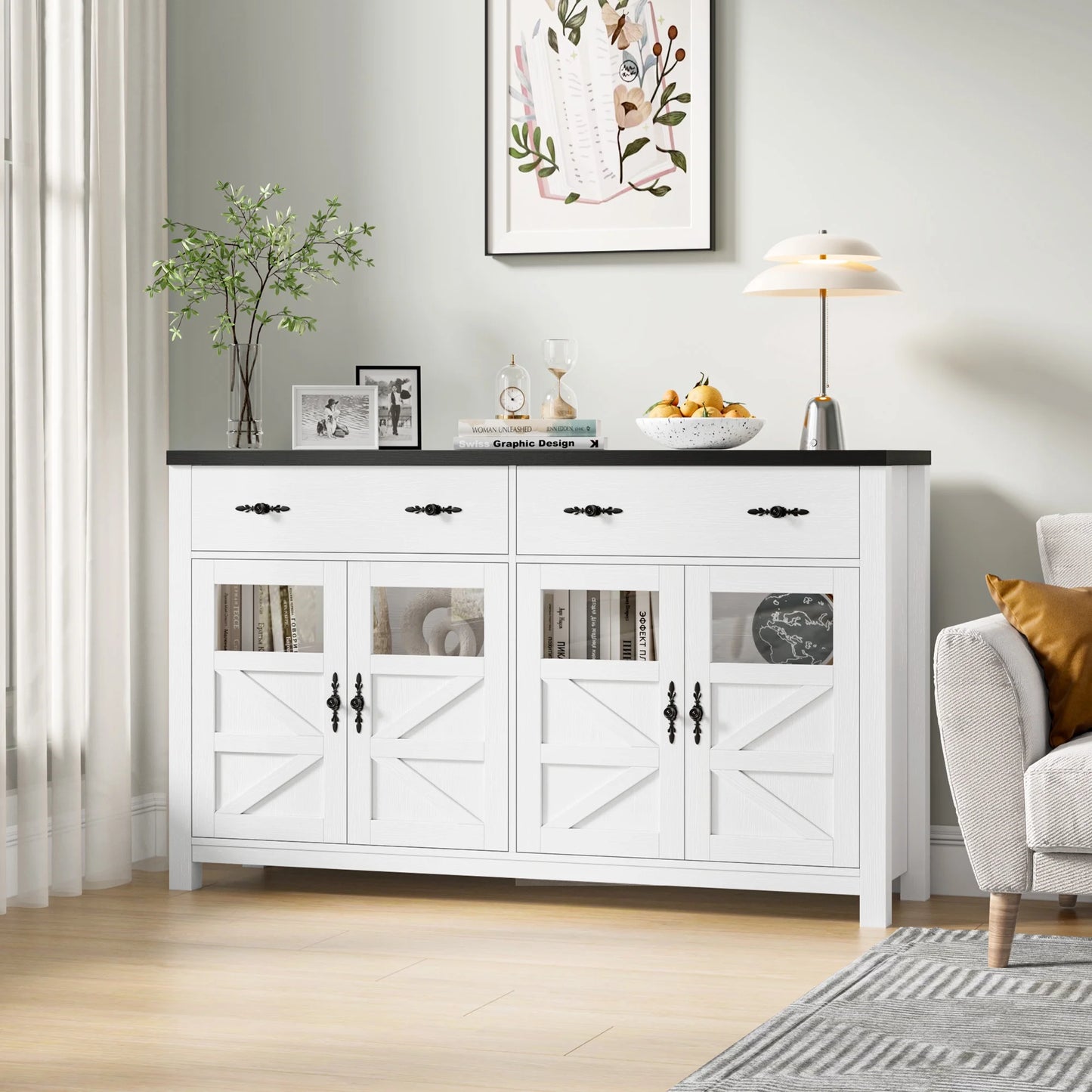 55.1" Farmhouse Kitchen Buffet Cabinet with Storage Drawer and Adjustable Shelf, Glass Door Wood Sideboard Credenza for Dining and Living Room, White and Black