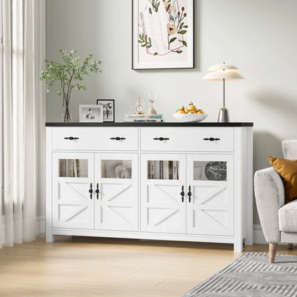 55.1" Farmhouse Kitchen Buffet Cabinet with Storage Drawer and Adjustable Shelf, Glass Door Wood Sideboard Credenza for Dining and Living Room, White and Black