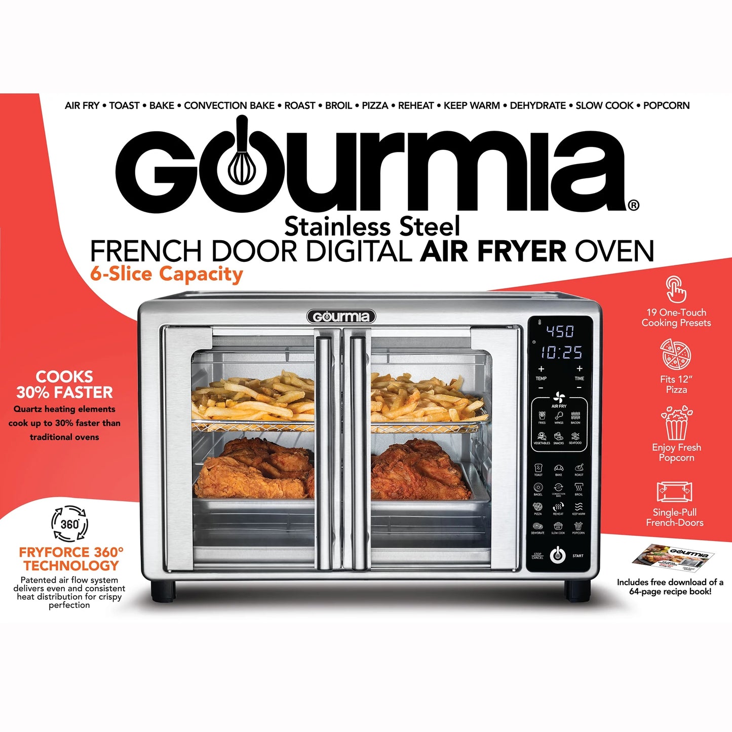 6-Slice Digital French Door Toaster Oven Air Fryer with 19 One-Touch Presets, 24L Capacity, Stainless Steel Finish