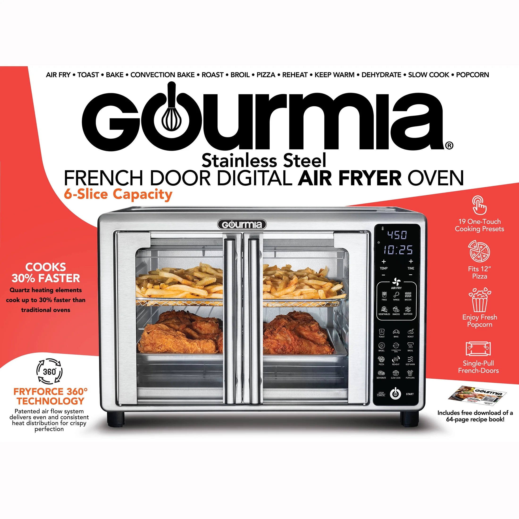 6-Slice Digital French Door Toaster Oven Air Fryer with 19 One-Touch Presets, 24L Capacity, Stainless Steel Finish