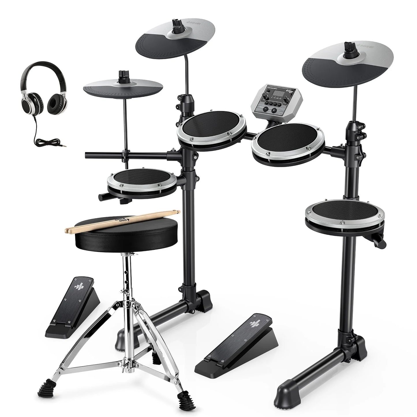 Electric Drum Set for Beginner with 180+ Sounds, Quiet Mesh Kid Child Students Electronic Drum Kit with Heavy Duty Pedals, On-Ear Headphones, DED-80 Gray