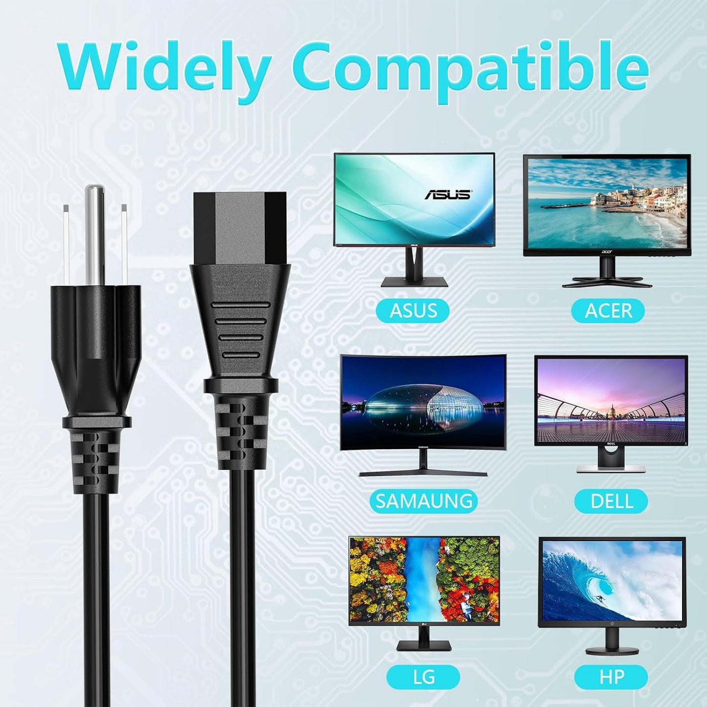 18 AWG Power Cable NEMA 5-15P to IEC320C13 for Computer Monitor TV Replacement 3 Prong Power Cord (10FT)