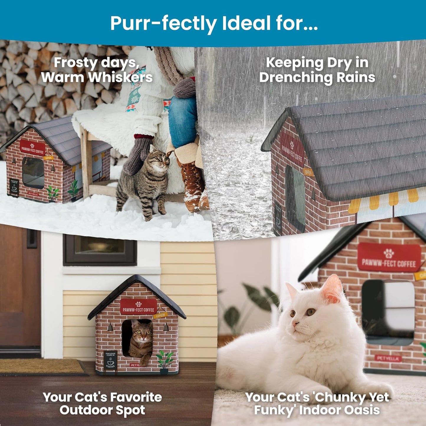 Deluxe Insulated Heated Cat House for Winter - Weatherproof Design, Easy Assembly, Dual Escape Doors, Suitable for Indoor and Outdoor Use - Coffee Pethouse