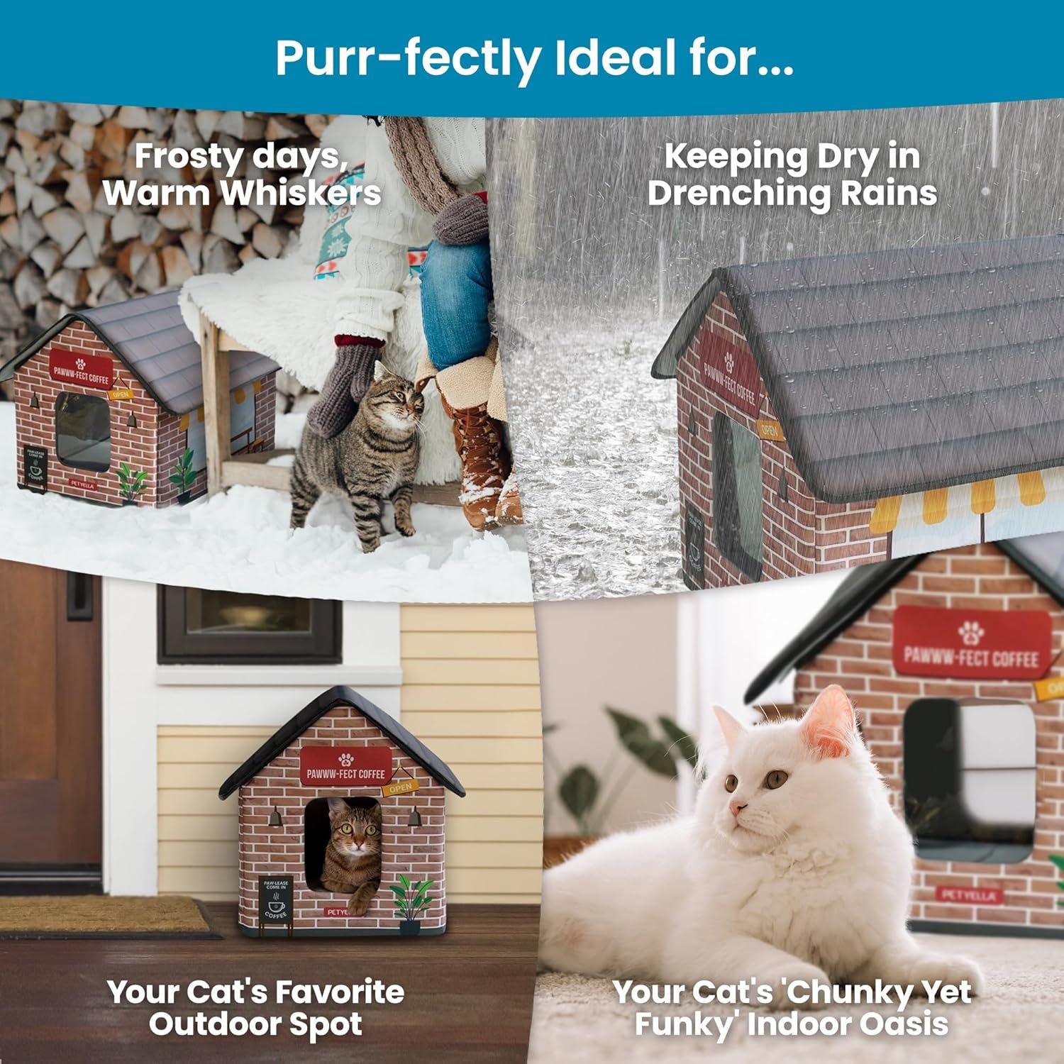 Deluxe Insulated Heated Cat House for Winter - Weatherproof Design, Easy Assembly, Dual Escape Doors, Suitable for Indoor and Outdoor Use - Coffee Pethouse