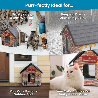 Deluxe Insulated Heated Cat House for Winter - Weatherproof Design, Easy Assembly, Dual Escape Doors, Suitable for Indoor and Outdoor Use - Coffee Pethouse