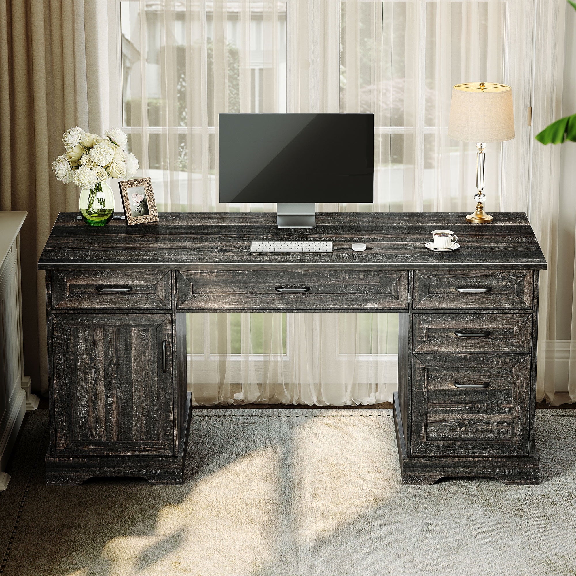 Casacomoda Home Office Desk with File Cabinet and Drawers, 59" Executive Desk with USB Power Outlet, Storage Cabinet for CPU, Workstation Table for Study, Dark Oak