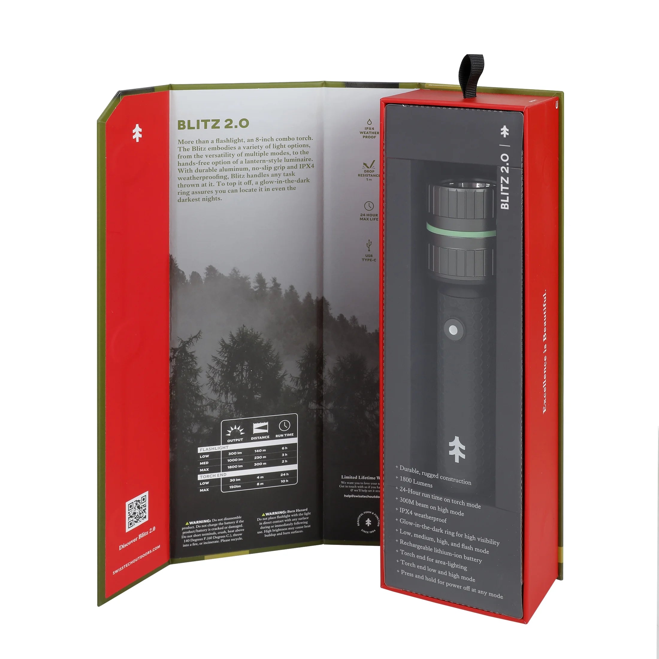 Swiss Tech 1800 Lumen LED Rechargeable Combo Flashlight, IPX4 Weatherproof, Drop Resistant, Black