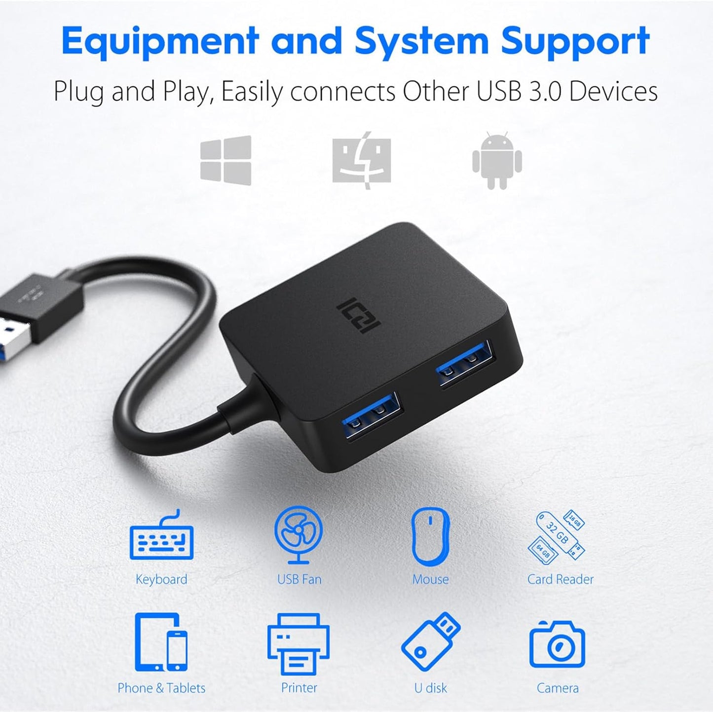 ICZI USB 3.0 Hub, 4 Ports USB Splitter Multiple Extender for Laptop, PC, Macbook, Mac Mini, Imac, Surface Pro, Mobile HDD