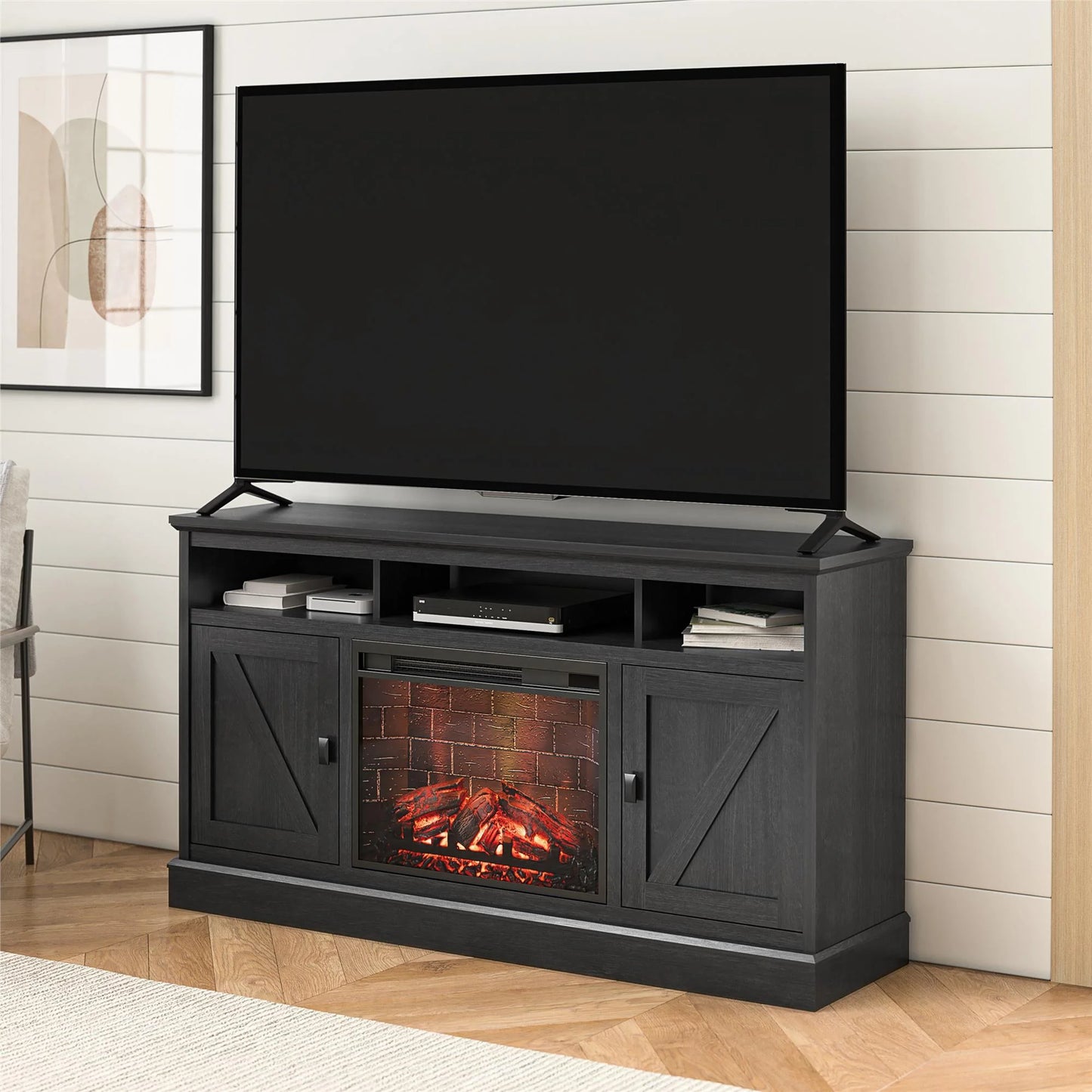 Ashton Lane Electric Fireplace TV Stand with Remote for Tvs up to 65In, Black Oak