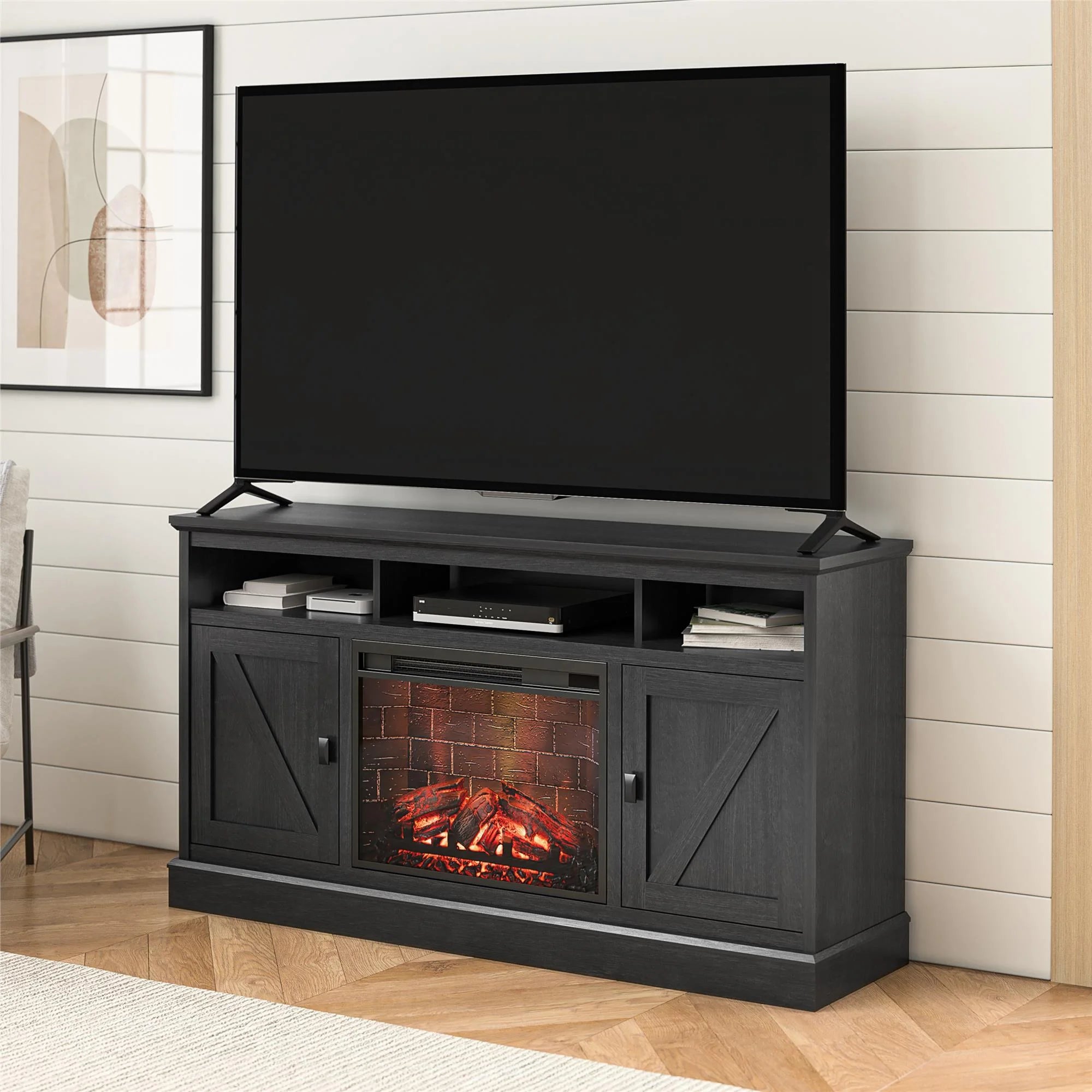 Ashton Lane Electric Fireplace TV Stand with Remote for Tvs up to 65In, Black Oak