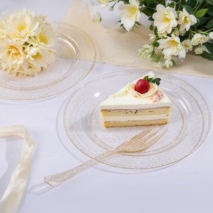 WELLIFE 120-Count Gold Glitter Plastic Dessert Plates and Forks Set, 6.5-Inch Disposable Plates and Durable Small Forks for Catering, Parties, and Weddings