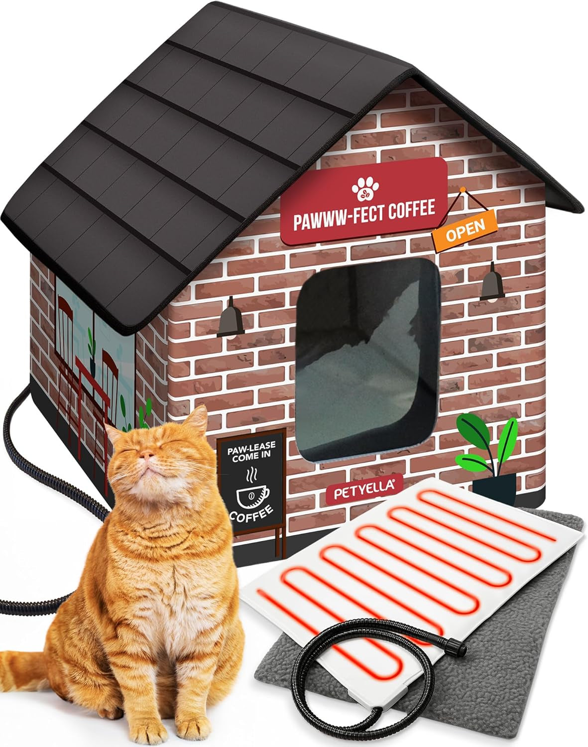 Deluxe Insulated Heated Cat House for Winter - Weatherproof Design, Easy Assembly, Dual Escape Doors, Suitable for Indoor and Outdoor Use - Coffee Pethouse
