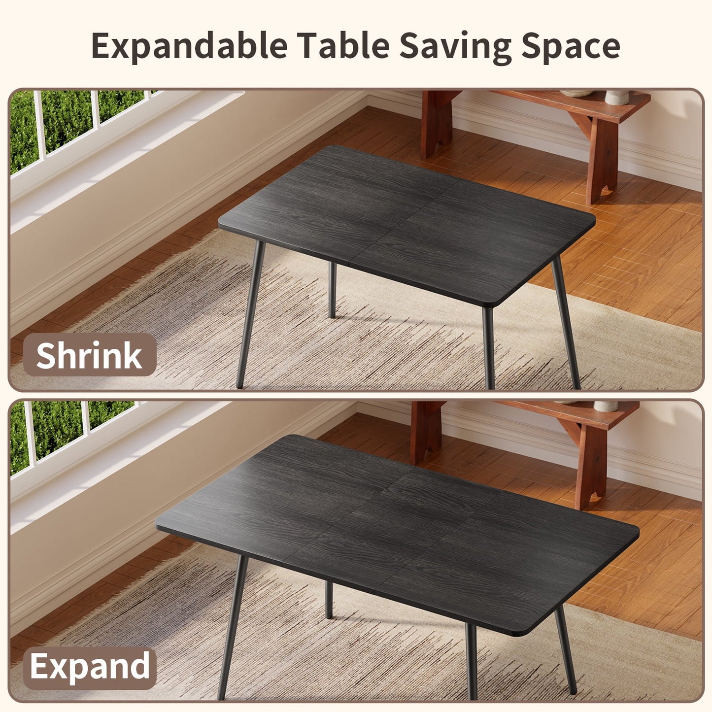 63-Inch Extendable Dining Table Set for 6 with High Back Wooden Chairs in Black