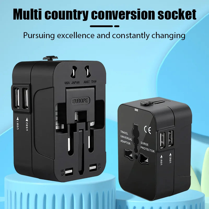 Universal Travel Adapter with Dual USB Ports - EU, UK, US, AU AC Power Charger and Outlet Converter Socket Plug