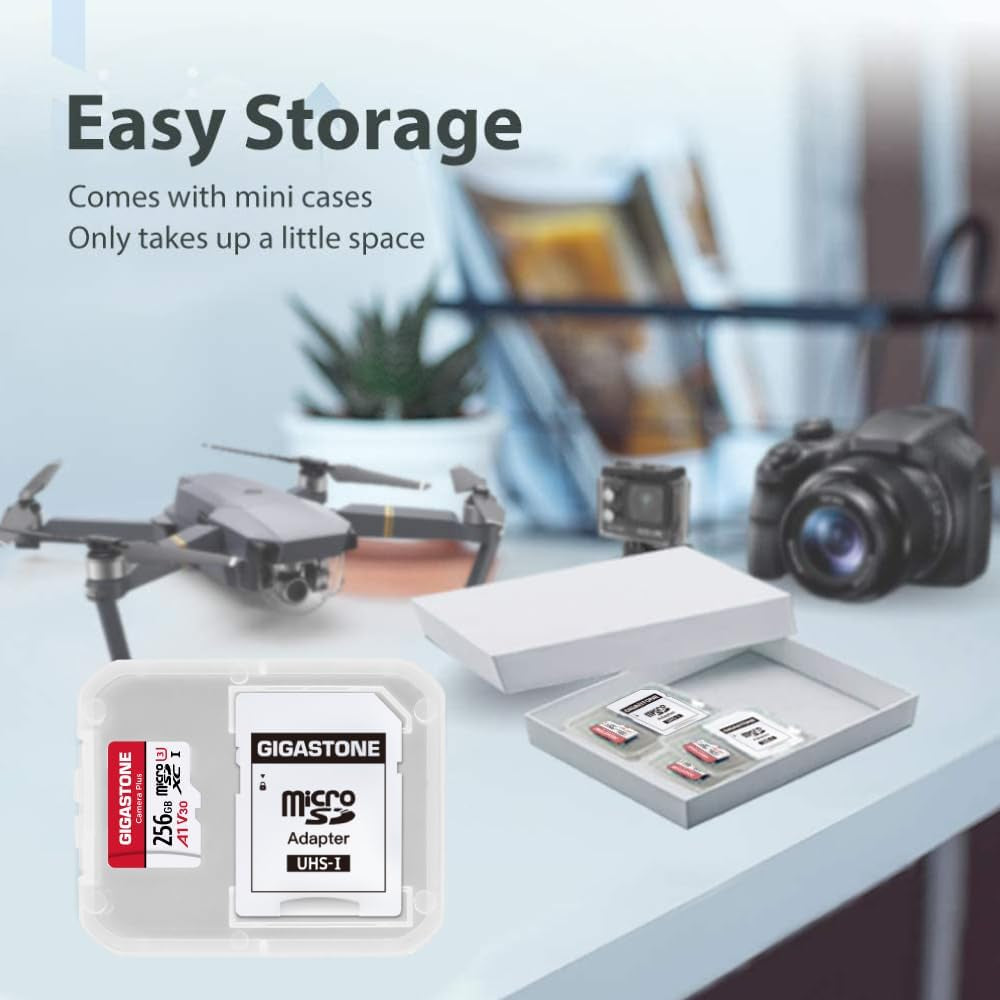 Gigastone 256GB Camera plus Series Memory Card, Read Speed up to 100Mb/S. Ideal for Full HD Video Gopro Drone Android Camera, A1 Micro SDXC Card with Mini Case and SD Adapter.