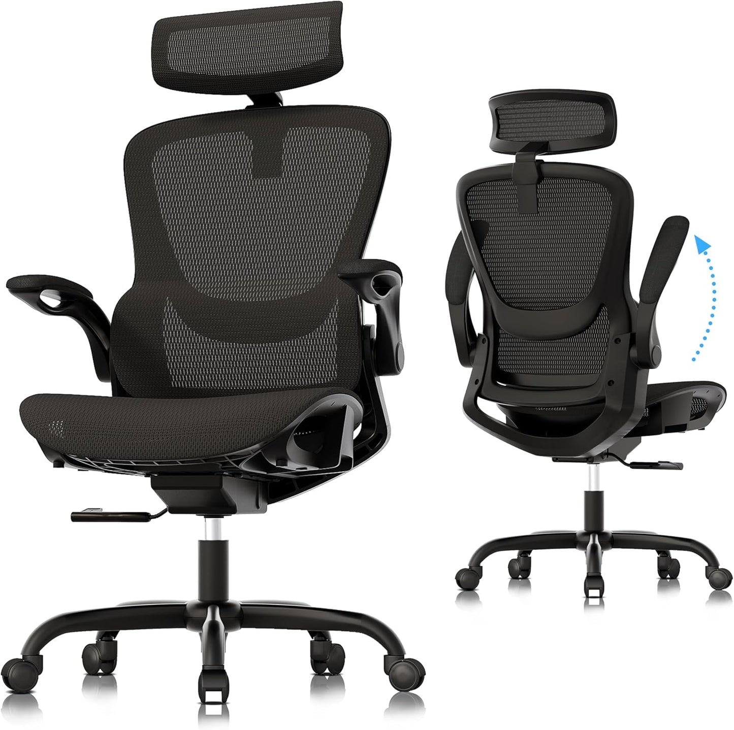 GABRYLLY Ergonomic Mesh Office Chair - Adjustable Home Desk Chair with Folding Armrests, 2D Headrest, Soft Seat, and PU Wheels, Black Swivel Task Chair for Office, Business, and Student Use (Model GY1108)
