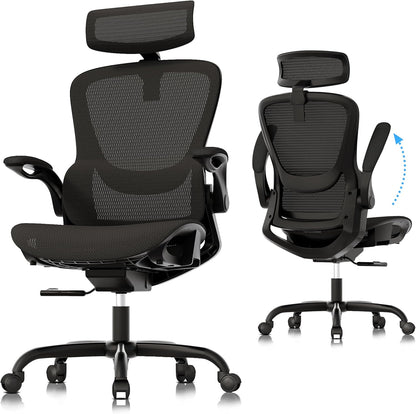 GABRYLLY Ergonomic Mesh Office Chair - Adjustable Home Desk Chair with Folding Armrests, 2D Headrest, Soft Seat, and PU Wheels, Black Swivel Task Chair for Office, Business, and Student Use (Model GY1108)