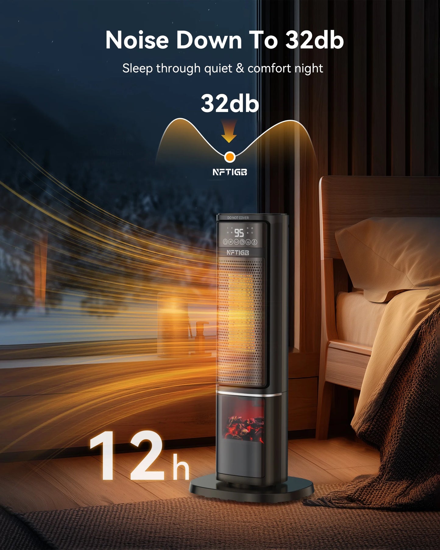 24-Inch Ceramic Space Heater with Flame Effect, 1500W with Thermostat, PTC Technology, 12-Hour Timer & Remote Control for Indoor Use in Office, Bedroom, and Living Room