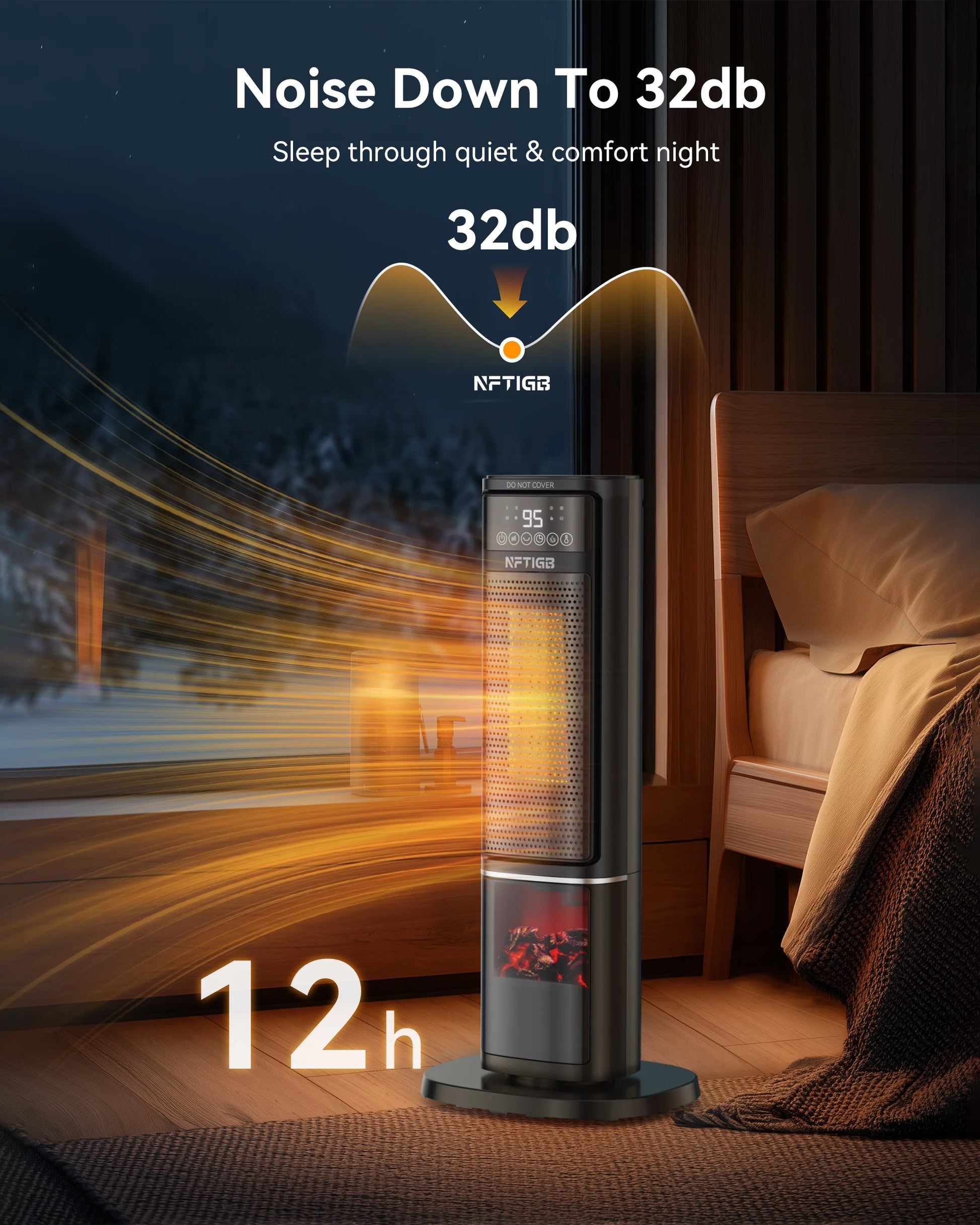 24-Inch Ceramic Space Heater with Flame Effect, 1500W with Thermostat, PTC Technology, 12-Hour Timer & Remote Control for Indoor Use in Office, Bedroom, and Living Room