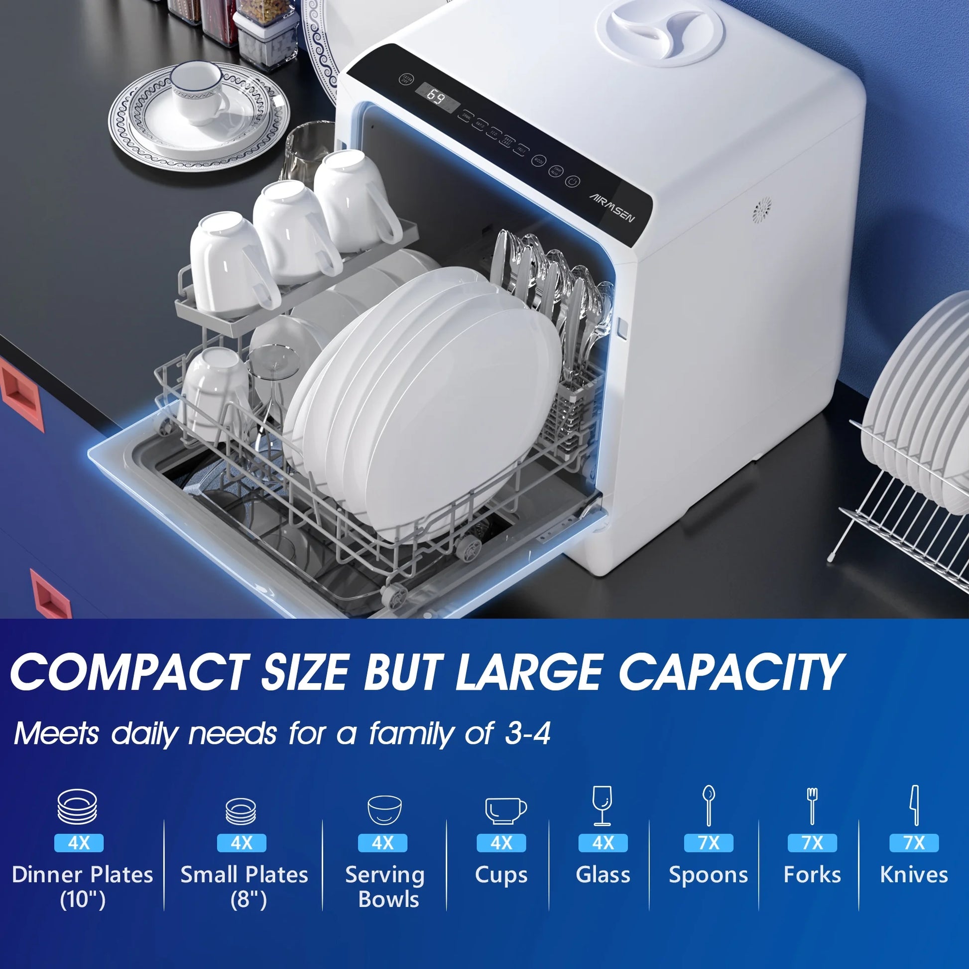 Compact Countertop Dishwasher with 5-Liter Integrated Water Tank and Air-Dry Function, 5 Washing Programs, Model AE-TDQR03