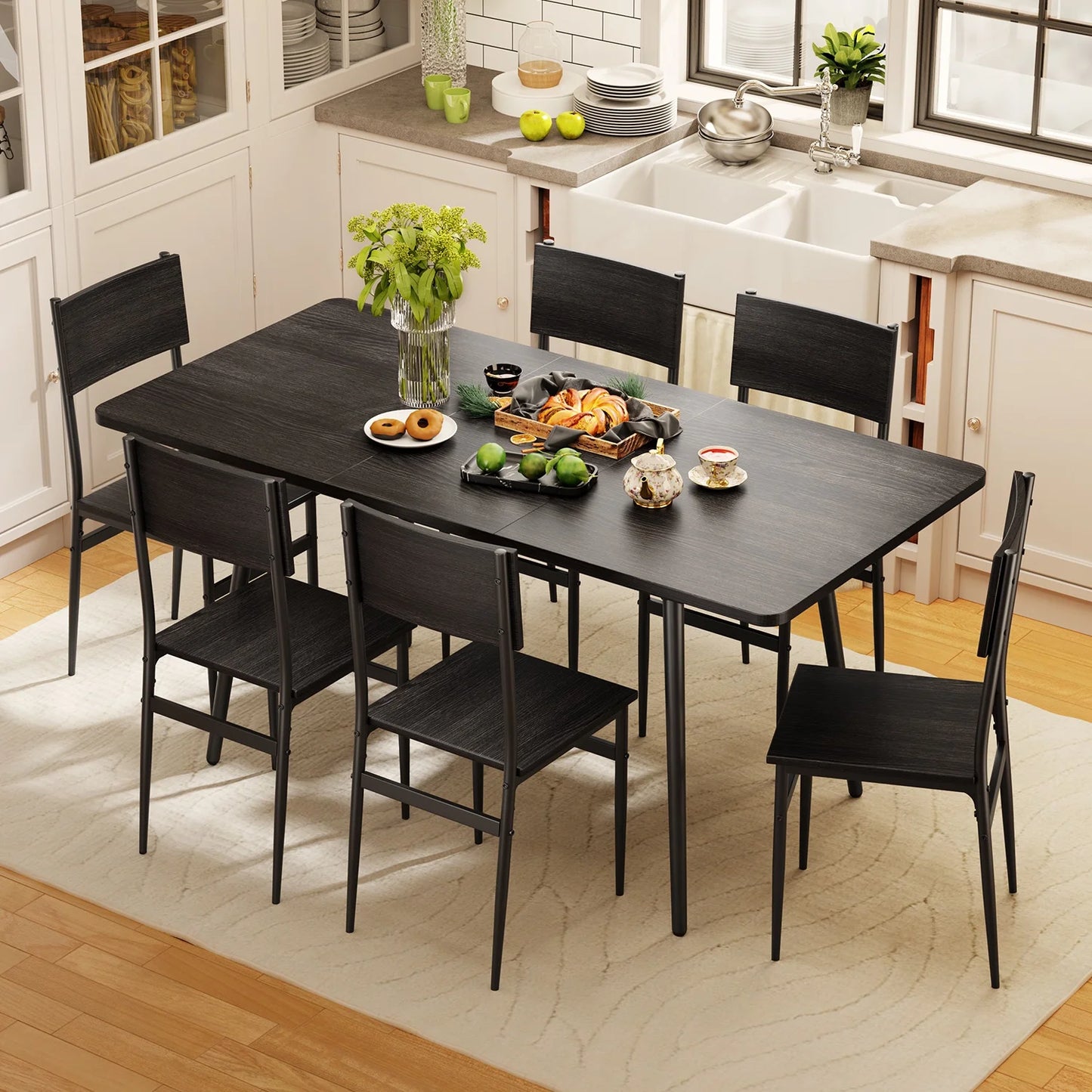 63-Inch Extendable Dining Table Set for 6 with High Back Wooden Chairs in Black