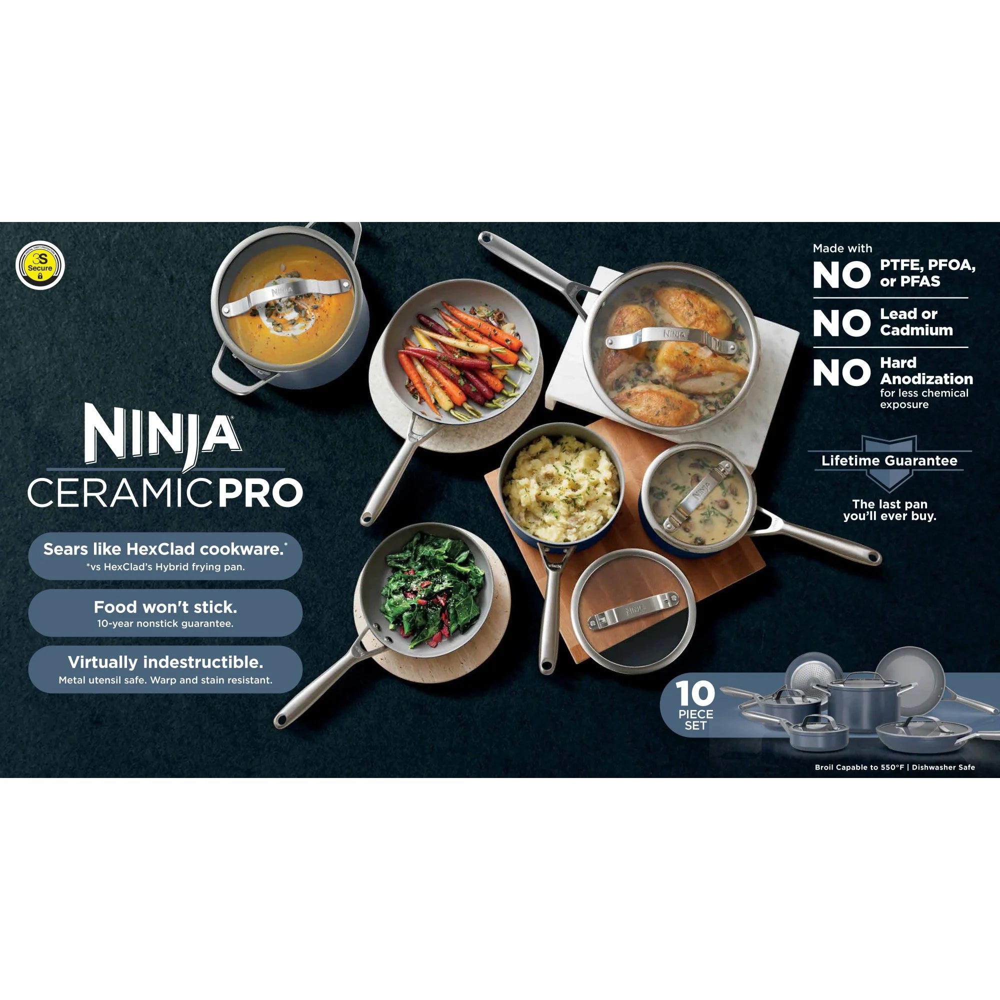 Ninja Ceramic Pro 10-Piece Cookware Set, Aluminum and Stainless Steel, Non-Stick Set, Glass Lids, Stove to 550F Oven Safe, Dishwasher Safe, Midnight Blue, CW38000